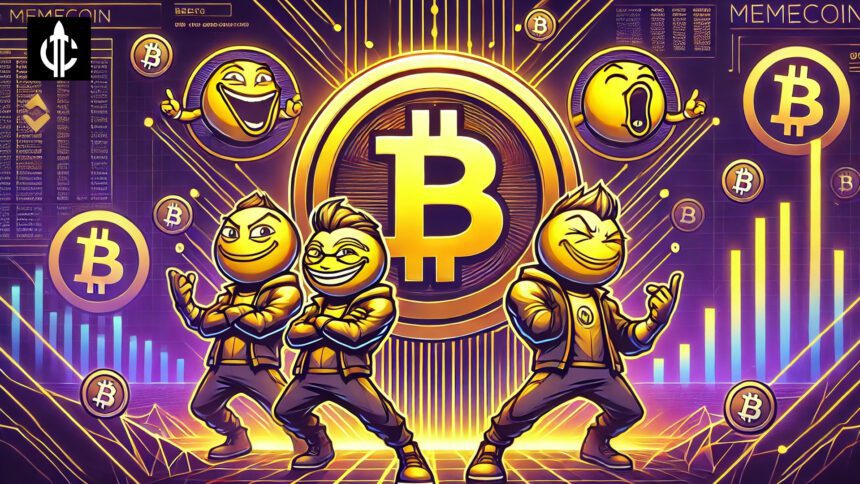 memecoins with a dark purple background and yellow accents